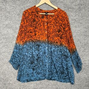Intro Womens Size XL Shirt Button Up Orange Teal Ombré Animal Print Long Sleeves